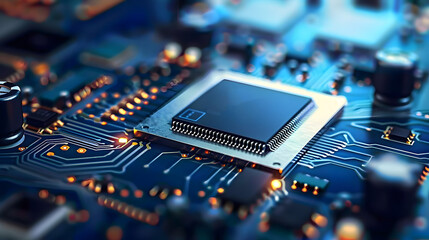 Electronic circuit board, microchip, computing processor, and CPU. Advanced technology conceptual background. - obrazy, fototapety, plakaty