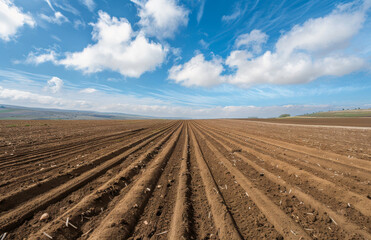 Ploughed field and blue sky with clouds