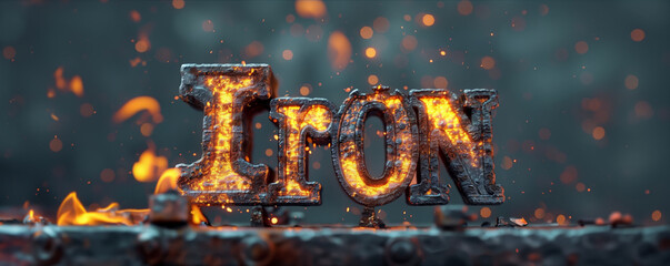 The word IRON spelled out in bold, metallic letters amidst flames and sparks, invoking strength and industry