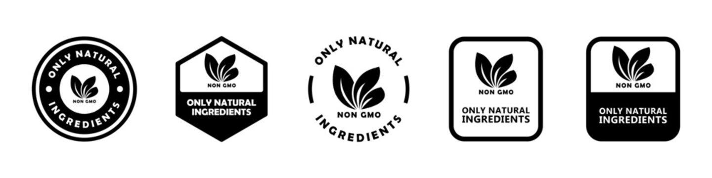 Only natural ingredients, GMO Free. Vector signs for product packaging label.