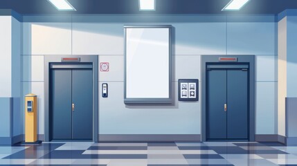 3d modern illustration of a realistic elevator with closed doors and an advertising poster screen on the wall. Office hallway or modern hotel lobby with lifts and empty display.