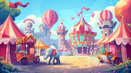 A set of modern cartoon festival flyers with illustrations of a circus stage, balloons, and magical castle. Posters for carnival funfairs. - obrazy, fototapety, plakaty