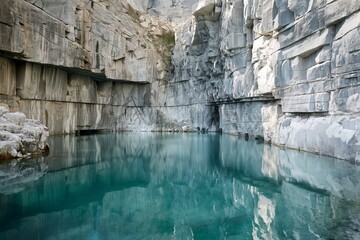Serene image capturing the still, turquoise waters of a marble quarry surrounded by rugged white cliffs