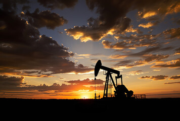 Naklejka premium Pumpjack silhoutte with dramatic sunset.