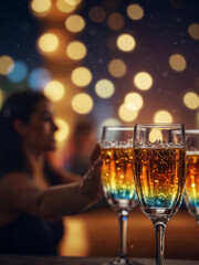 Dancing Lights, Festive Drink Glasses Amidst Joyful Celebration