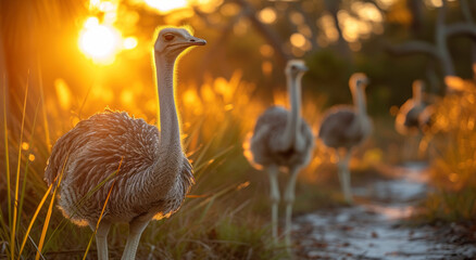 Ostrich family walking in the sunset - obrazy, fototapety, plakaty