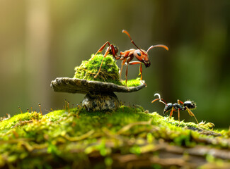 Two ants are fighting over mushroom in the forest.