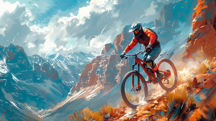 the image of a cyclist in a helmet at extreme speed descending rocky mountains, a dynamic image that conveys the danger of cycling - obrazy, fototapety, plakaty