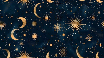 Captivating Celestial Pattern with Golden Luminous Moons and Stars in Twilight Sky