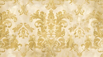 Vintage-Inspired Golden Damask Pattern with Elaborate Swirls and Flourishes on Muted Pastel Base