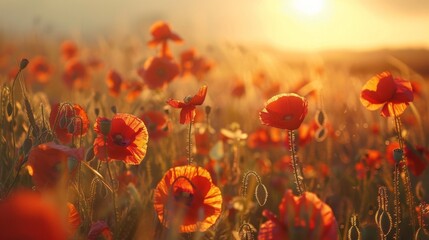 Obraz premium A field of blooming red poppies under the sun