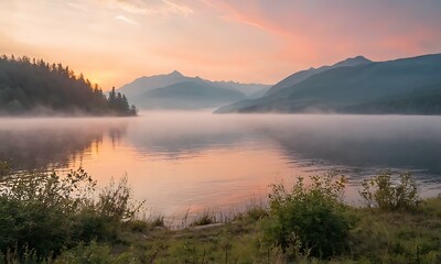 Majestic sunset over a calm lake. Water reflects the fiery sky, creating a breathtaking spectacle, beautiful forest with fog