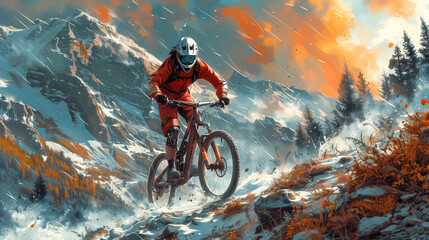 the image of a cyclist riding in a helmet at extreme speed on rocky mountains, a dynamic image that conveys the danger of cycling - obrazy, fototapety, plakaty