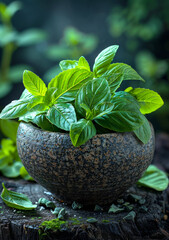 Fresh green basil leaves in mortar on wooden table