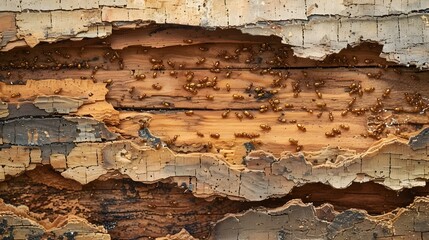 Obraz premium Macro Closeup of Termite Damage in Decaying Wooden House Frame