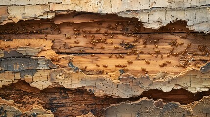 Macro Closeup of Termite Damage in Decaying Wooden House Frame