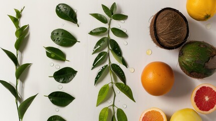Alignment of tea tree, coconut and grapefruit with accompanying leaves
