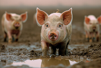 Pigs are walking through the mud