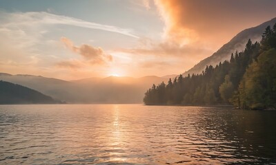 Fototapeta premium Tranquil lake at sunset. The sky is ablaze with vibrant colors, like fiery orange, deep blue. The calm water reflects the sunset, beautiful forest with fog