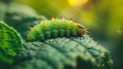 Fototapeta premium Captivating Moment of a Caterpillar Nibbling on a Lush Green Leaf in a Macro Nature Scene