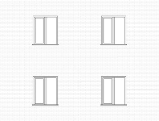 Wall of a brick house with four windows. Contour drawing isolated on white. Seamless pattern with editable stroke. Objects are separated, convenient for editing.
