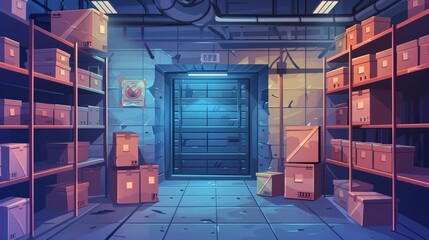 Warehouse with cardboard boxes on racks. Modern realistic interior with shelves, tiling and floors. Refrigerator chamber in factory, store, or restaurant.