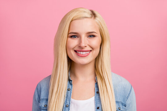 Photo of young cheerful pretty girl good mood toothy smile oral care stomatology isolated over pink color background