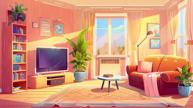This is a cartoon modern illustration of a living room with a sofa, tv, bookshelf, and coffee table. A couch is in front of a television on the wall, an empty house with a bean bag chair and