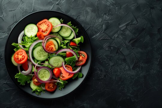 Salad with cucumber, tomato and onion on black plate over dark background