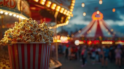 Popcorn a bubbling fairground setting incorporated a popcorn booth where eager individuals might get deliciously popped popcorn and space, Generative AI.