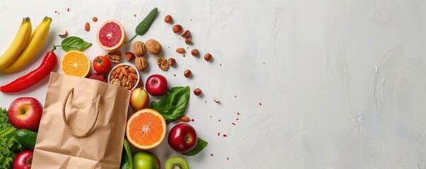 Top view of paper bag with fresh fruits, vegetables and nuts on white background, health lifestyle