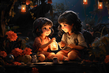 A delightful scene of animated friendship against a soothing dark peach background, with charming characters engaged in playful activities captured in high-definition detail.
