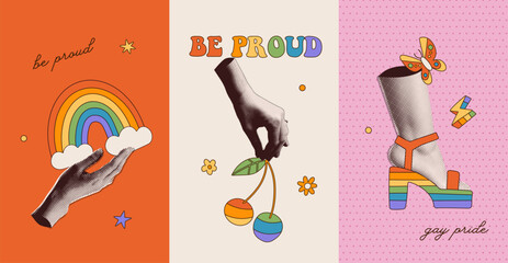Set of posters for Pride Month. Halftone collage with images of rainbow, clouds cherry and hippie sandals. Collage with cut out paper elements for decoration of LGBT events, covers, ads, cards. Vector