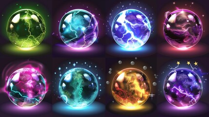 Set of modern realistic glass globes, glowing orbs for fortune tellers and magicians. With lightning, energy bursts, stars and mystical fog inside. - obrazy, fototapety, plakaty