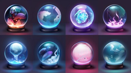 Magic crystal balls for fortune telling and future prediction, glowing orbs with plasma and mystical fog, isolated fantasy globes for clairvoyant witchcraft, 3D modern realistic icons - obrazy, fototapety, plakaty