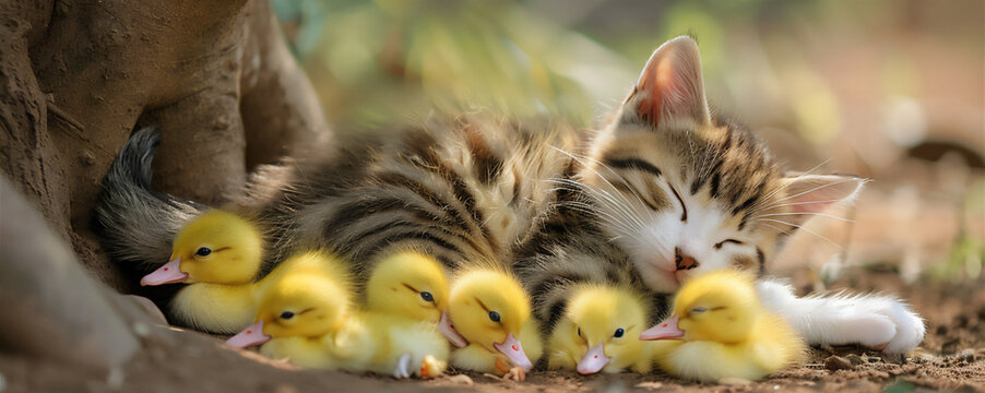 a group of yellow ducklings were disturbing a cat sleeping under a tree - Powered by Adobe
