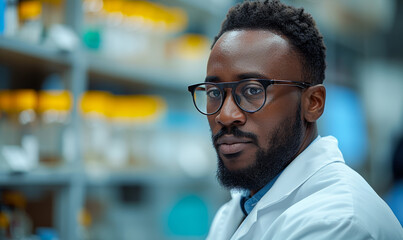 Portrait of handsome young male scientist in lab coat and eyeglasses