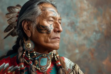 Fototapeta premium Capture the essence of cultural pride as a Native American man, adorned with braided hair and traditional jewelry, exudes confidence and reverence for his heritage in a studio setting
