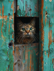 Cat looks out of hole in old wooden door