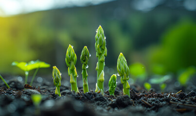 Young green asparagus sprouts in the soil in the spring