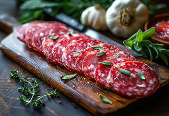 Salami sausage sliced on wooden board with herbs and spices - obrazy, fototapety, plakaty