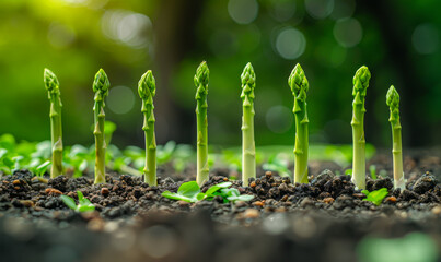 Green asparagus growing out of the ground - obrazy, fototapety, plakaty