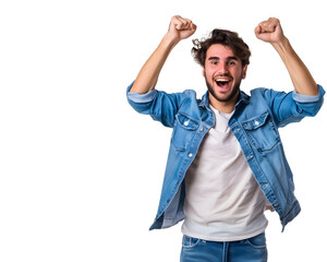 Fototapeta premium Joyful young man with raised fists. Transparent background PNG photo