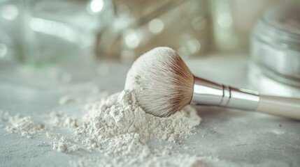 Close-up of a face powder in container with makeup brush.