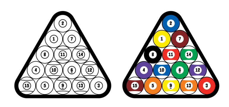 Billiard balls for billiard triangle. Billiard table or snooker table with cues and balls rack. Pyramid of billiard balls for pool table with cue and ball. Sport game tools. Balls racks.
