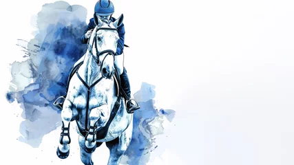 Foto op Canvas A horse and jockey at show jumping competition in blue watercolor painting © Ema