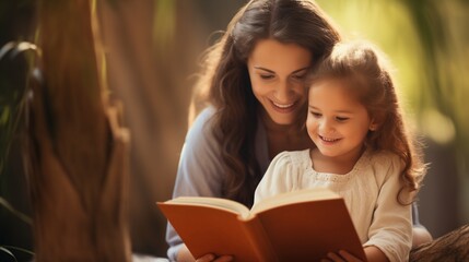 Happy child learning to read assisted by her parent. - obrazy, fototapety, plakaty
