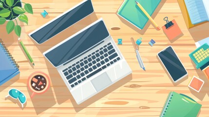 A top view of a workspace with a laptop and stationery, a coffee cup, pens, and a plant on a wooden table. A modern cartoon flat lay depicting a desk with a computer, mobile phone, note book, and - obrazy, fototapety, plakaty