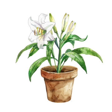 A watercolor illustration of an Alcatraz lily in a pot