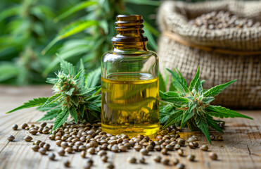 Bottle of hemp oil with cannabis leaves and flowers - obrazy, fototapety, plakaty